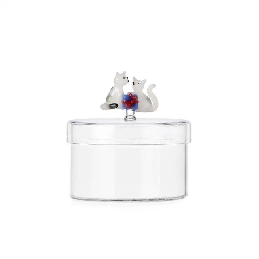 ICHENDORF Scatola Natalizia Tabby Cat Due Gatti Bianchi con Regalo in Vetro Borosilicato 12cm