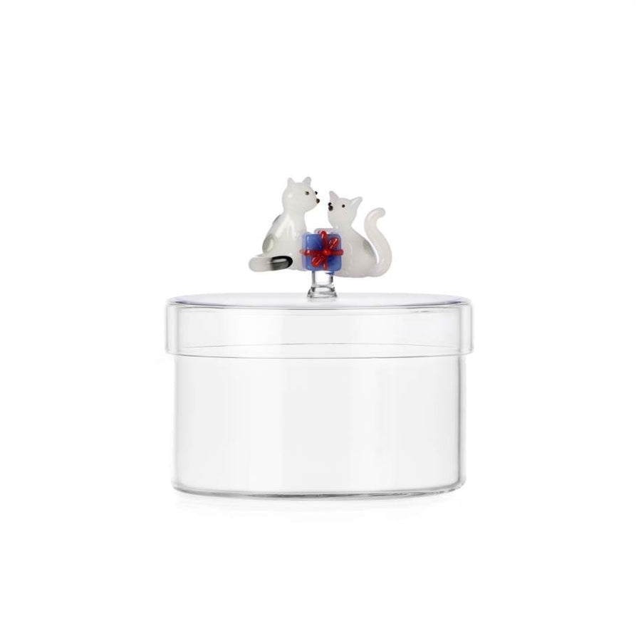 ICHENDORF Scatola Natalizia Tabby Cat Due Gatti Bianchi con Regalo in Vetro Borosilicato 12cm