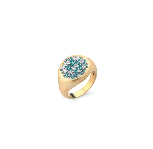 SOGNI - Anello sigillo medio satinato oro giallo zirconi paraiba