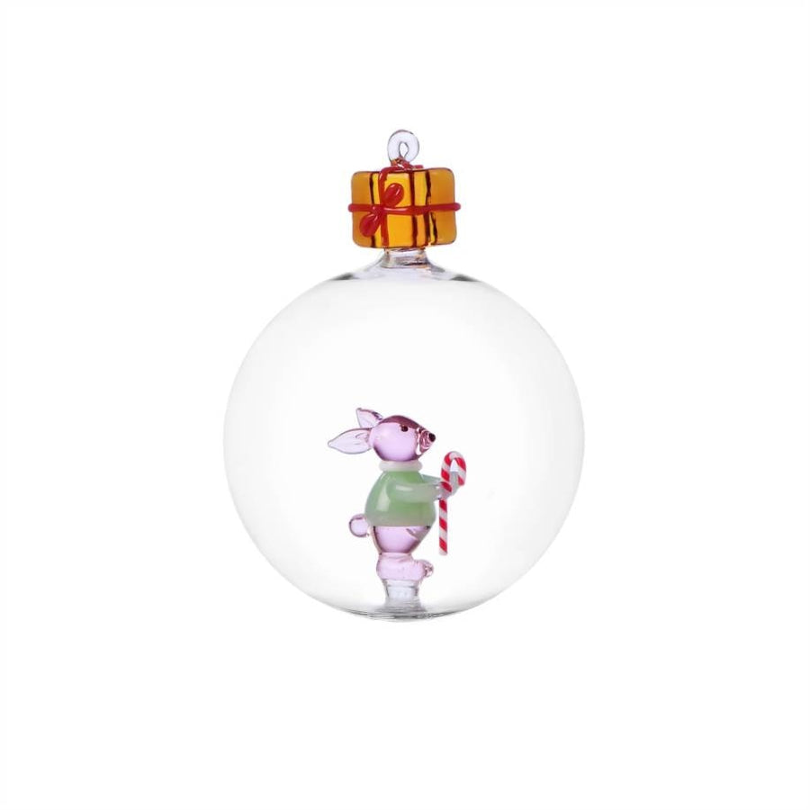 ICHENDORF - Palla di Natale Woodland Tales Coniglio Rosa con Bastoncino di Zucchero in Vetro Borosilicato 11cm