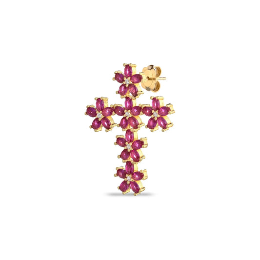 Laura P. Jewels - Mono orecchino croce fiore magenta